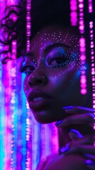 An 18-year-old african beautiful woman with vertical lines of purple and blue code cascade around her as holograms
