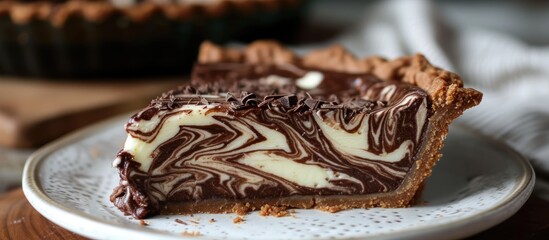 A rich and creamy piece of chocolate cheesecake sits enticingly on a plate, showcasing its sinfully delicious combination of chocolate and marble swirled together.