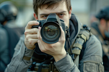 A man in a bulletproof vest taking a picture with a camera. - obrazy, fototapety, plakaty