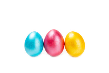 Easter eggs isolated on white background. Easter holiday concept. Handmade colorful shiny Easter...