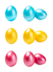 Easter eggs isolated on white background. Easter holiday concept. Handmade colorful shiny Easter...