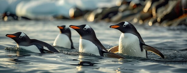 Penguins dot the icy landscape of Antarctica, coming together on the frozen expanse, a testament to their adaptability in the harsh polar climate.