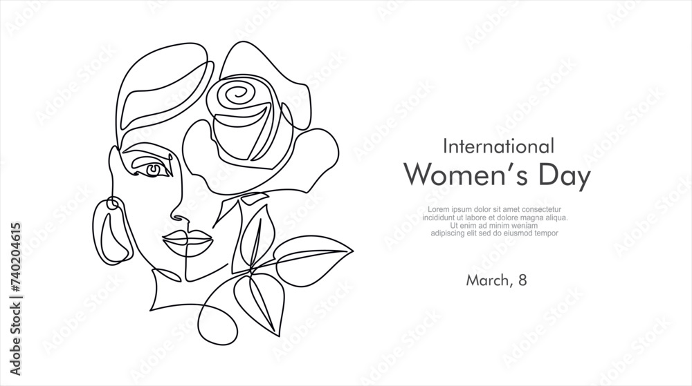 Wall mural international women's day greeting card. illustration with one line woman face, rose flower and leav