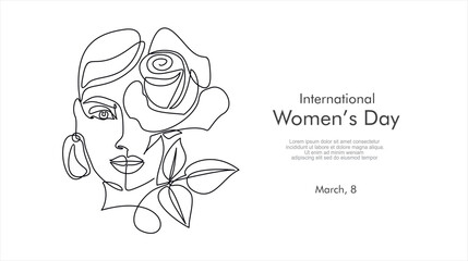 International Women's Day greeting card. Illustration with one line woman face, rose flower and leaves. Women empowerment. Vector illustration.