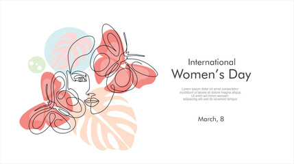 International women's day greeting card. Woman face with butterfly in one continuous line drawing. Abstract female portrait in simple linear style. Doodle Vector illustration for 8 march