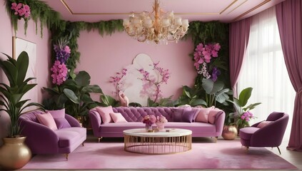 "Indulge in a whimsical wonderland of pink and purple tones, accented by lush greenery and exotic flowers. Let your creativity flow as you design a unique and visually stunning interior space."