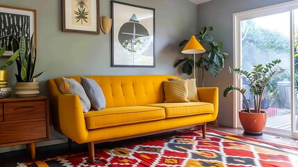 A mid century modern guest room with a retro sofa in mustard yellow, adding a playful pop of color to the decor