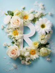 Fototapeta na wymiar Letter R made of real natural flowers and leaves, on a blue background. Spring, summer and valentines creative idea.