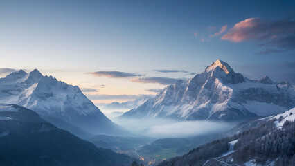 A snowy mountain tops with clouds in the sky