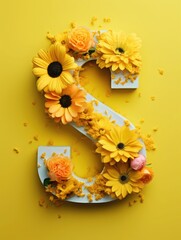 Letter S made of real natural flowers and leaves, on a yellow background. Spring, summer and valentines creative idea.