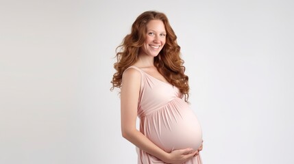 Happy pregnant woman on white background