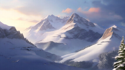 A snowy mountain tops with clouds in the sky