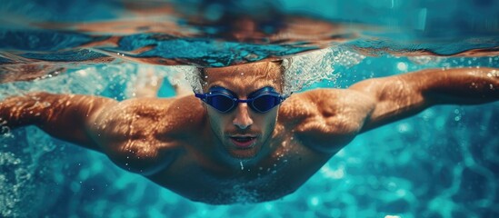 An athletic man energetically competes in a swimming pool, wearing goggles as he swims.
