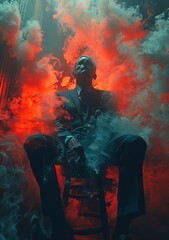 Obraz premium Amidst the fiery strokes of his brush, the artist's contemplative gaze is captured in a moment of passion and creation