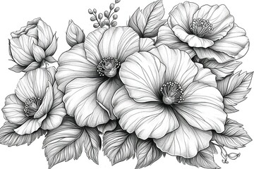 Coloring book flowers doodle style black outline.