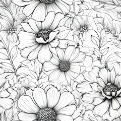 Coloring book flowers doodle style black outline.