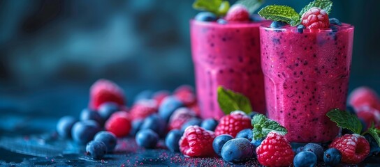 Indulge in a burst of sweetness with this vibrant berry smoothie, featuring plump strawberries and juicy raspberries for a refreshing and nourishing treat - obrazy, fototapety, plakaty
