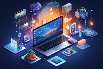 Cloud services and business people touch laptop user interface with technology concept isometric illustration background - obrazy, fototapety, plakaty