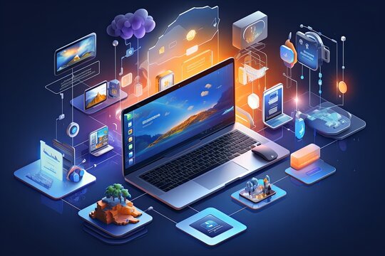 Cloud Services And Business People Touch Laptop User Interface With Technology Concept Isometric Illustration Background