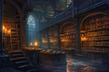 Cercles muraux Vieil immeuble An ancient library with towering bookshelves, hidden alcoves, and magical glowing manuscripts. Resplendent.