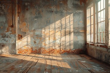 Amidst the decay of an abandoned building, a lone window reveals a glimpse of the past within a room with a brick wall, inviting exploration of its indoor secrets on the worn floor of the ground - obrazy, fototapety, plakaty