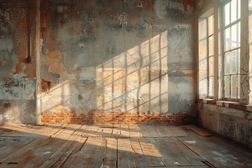 Fotobehang Amidst the decay of an abandoned building, a lone window reveals a glimpse of the past within a room with a brick wall, inviting exploration of its indoor secrets on the worn floor of the ground © Larisa AI