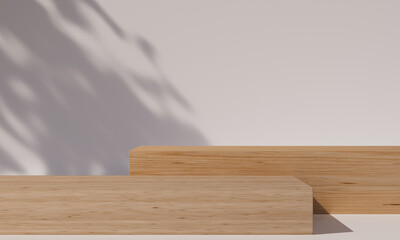 Minimal background product display podium, wooden stand, white backdrop with leaves shadow,  sunlight, cosmetic beauty health product presentation mockup, beauty advertisement, 3d render