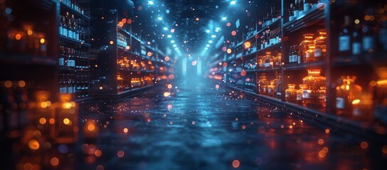 A dimly lit building on a rainy city street holds shelves filled with bottles of liquor, evoking a sense of mystery and temptation in the outdoor night - obrazy, fototapety, plakaty
