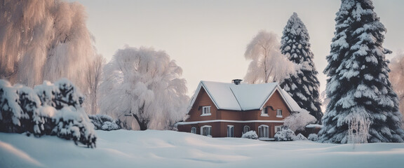 Beautiful Trees Covered with Snow in the Winter, House in the snow.