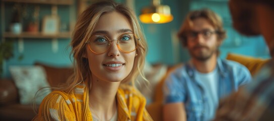 A woman's warm smile shines through her glasses, radiating confidence and intelligence as she poses for a portrait indoors