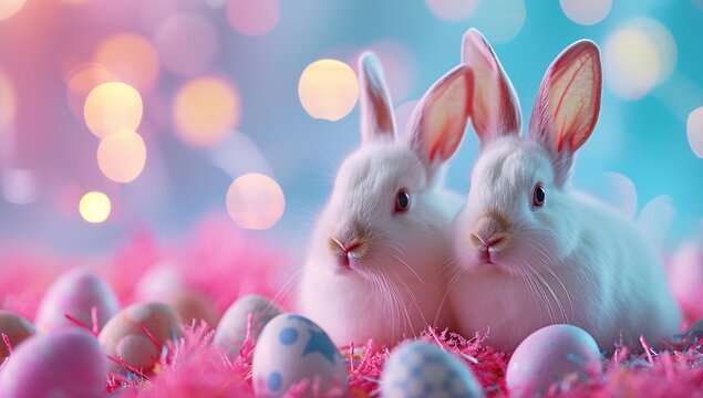 A furry family of domestic rabbits cozy up in their nest, eagerly awaiting the arrival of new easter eggs