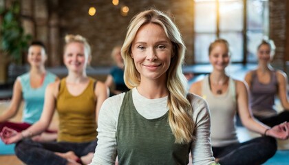 Smiling Mature woman meditating sitting in a yoga studio 