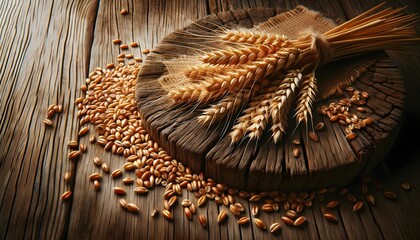 Wheat Scattered Across a Rustic Table - obrazy, fototapety, plakaty