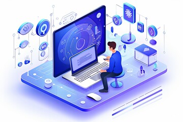 Business people touch laptop user interface with Computer technology concept isometric illustration background - obrazy, fototapety, plakaty