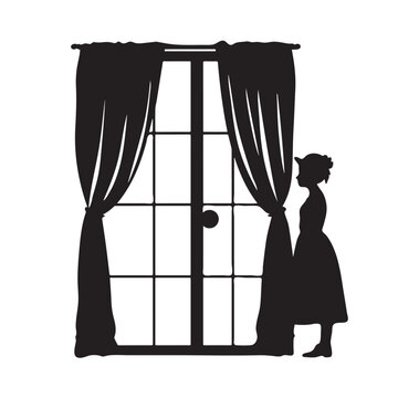 Silhouette of a woman in a dress near the window.