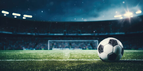 Evening Soccer Match with Classic Ball and Goalpost. Close Up of Ball on Field and Stadium on Background at Night. Generative AI