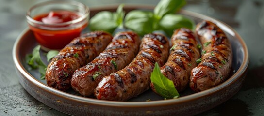 An exquisite display of diverse sausages adorned with vibrant sauce and fresh basil, representing the rich and flavorful world of german cuisine and its iconic bratwurst, knackwurst, and other savory - obrazy, fototapety, plakaty