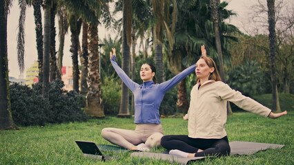 Calm ladies sitting lotus position palms place. Relaxed sport women online yoga
