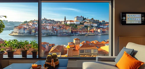 Foto auf Acrylglas A health-focused smart home control panel, in a house with a panoramic view of a bustling, historic port © Fahad