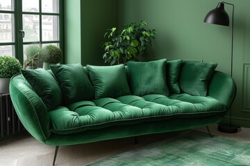 A cozy living room is transformed into a vibrant oasis with the addition of a green couch, surrounded by plush pillows and accented with a touch of nature