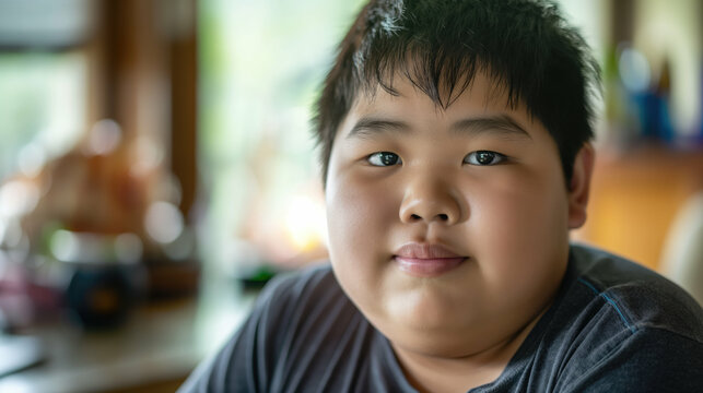 Asian boy with overweight. Childhood obesity. Generative AI.