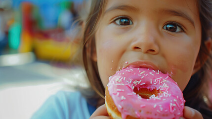 Latin girl with overweight eating a doughnut. Childhood obesity. Generative AI. - obrazy, fototapety, plakaty