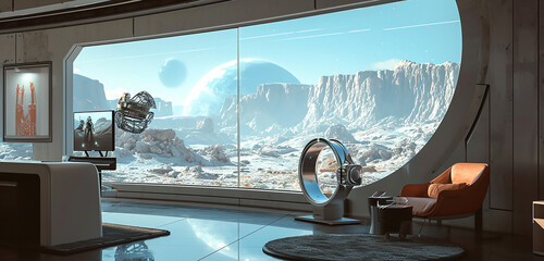 A fitness tracking smart ring in a tech showroom, with a large window showing a bustling spaceport