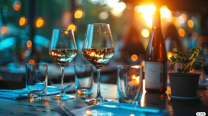 Elegant dinner table setting with wine at restaurant - obrazy, fototapety, plakaty