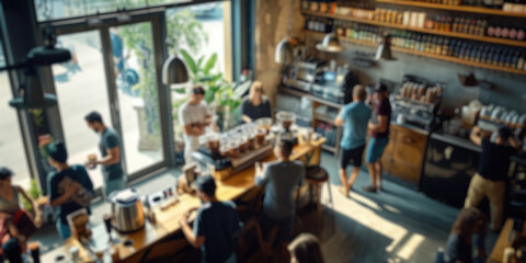 Blurred background of a busy coffee shop with patrons enjoying their drinks and baristas crafting coffee, creating a lively community space. Resplendent.