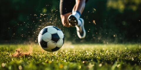 Kick of Soccer Ball on Green Field with Dirt Flying. Close Up of Soccer Shoe Hitting Ball. Generative AI