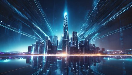 urban architecture, cityscape with space and neon light effect. Modern hi-tech, science, futuristic technology concept - obrazy, fototapety, plakaty