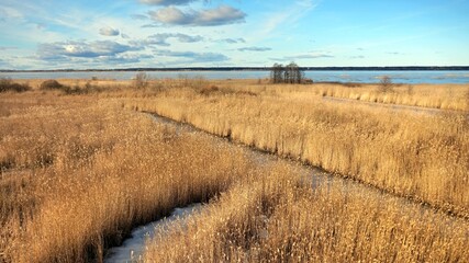 view from above to Lake Babite, the shore of the lake is overgrown with reeds