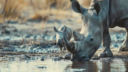 Plexiglas foto achterwand Mother and baby rhino getting ready to drink © Artem