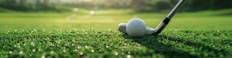 Golf ball and club on green field - obrazy, fototapety, plakaty